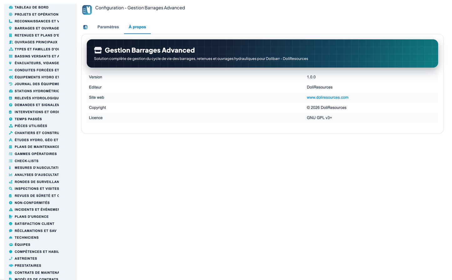 Dam & Reservoir Lifecycle Management - Dolibarr