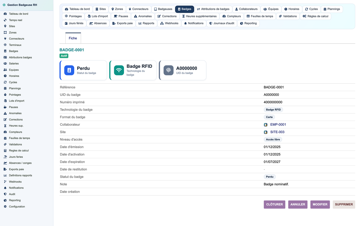 HR Badge, Time & Attendance Management - Dolibarr