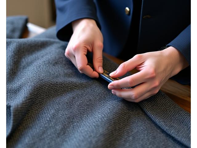 Un sastre midiendo y trabajando en un traje de lana con patrones tradicionales