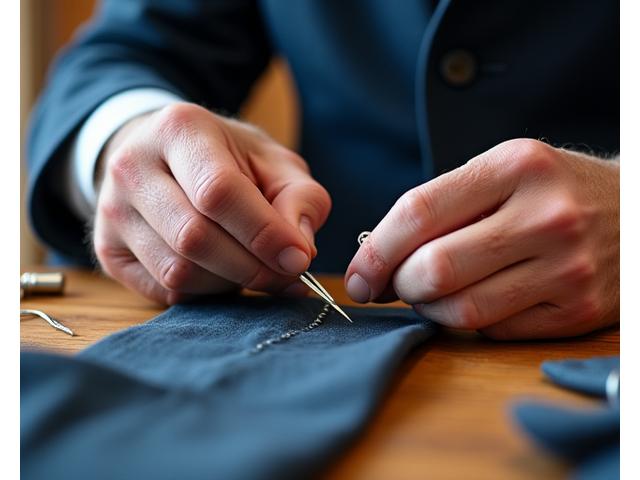 Primer plano de un sastre experimentado cosiendo a mano un tejido fino
