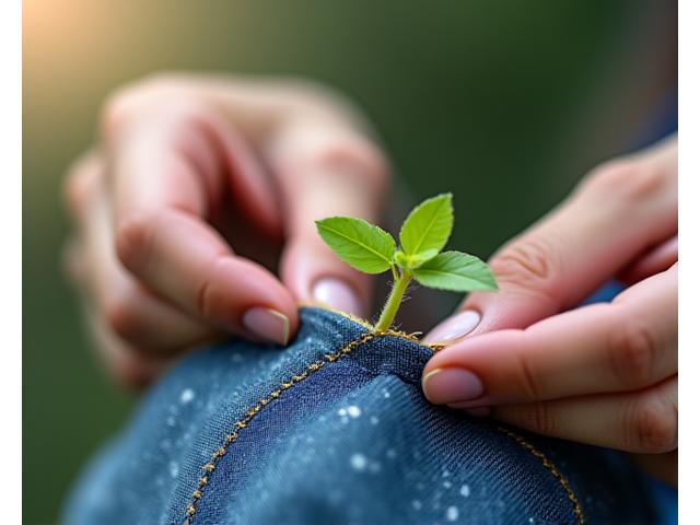 Manos cosiendo una tela con una hoja y un brote verde detrás, simbolizando la sostenibilidad