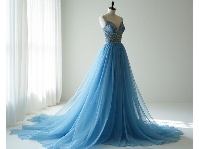 Un deslumbrante vestido de noche de alta costura, quizás de seda o tafetán, cayendo elegantemente en un maniquí de sastre en un entorno de taller limpio.