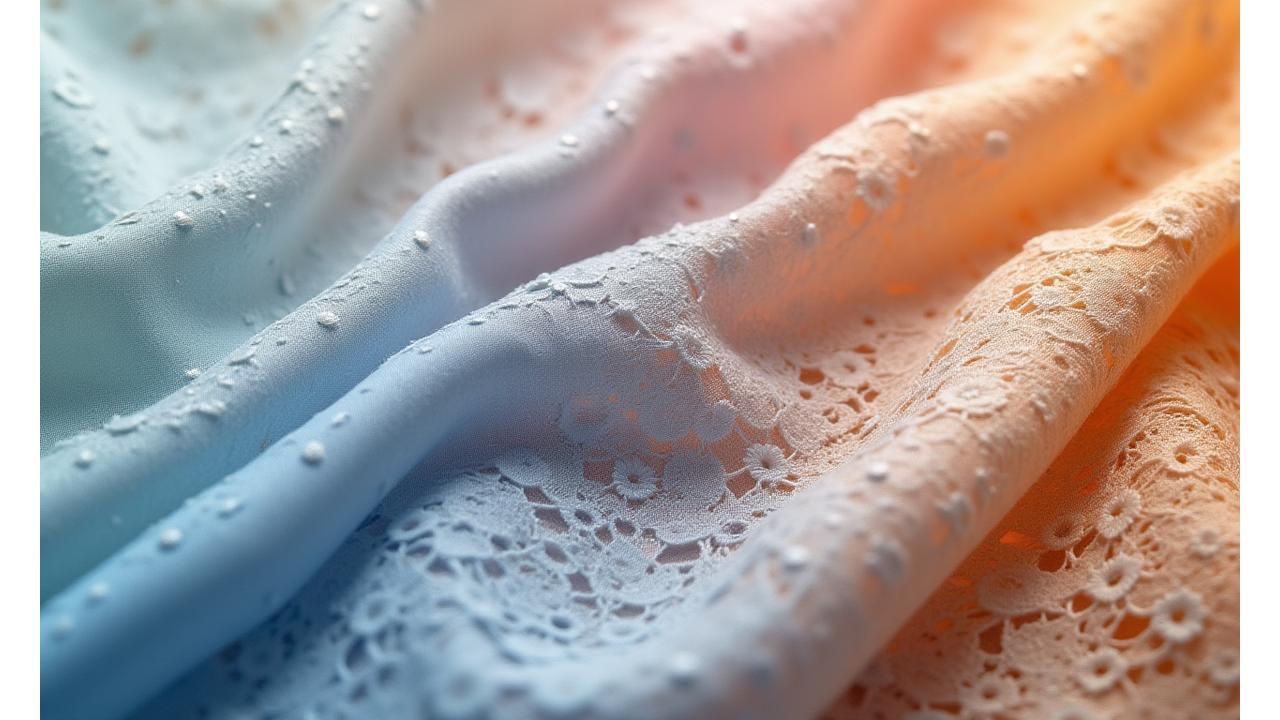 Primer plano de diferentes tejidos lujosos como seda brillante, cachemir suave y encaje intrincado, con un toque de luz suave que realza sus texturas.