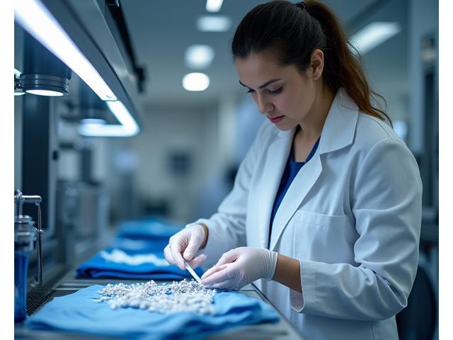 Un técnico de tintorería con guantes blancos examinando una prenda delicada, con un equipo de vapor especializado al fondo, en un entorno de laboratorio limpio.