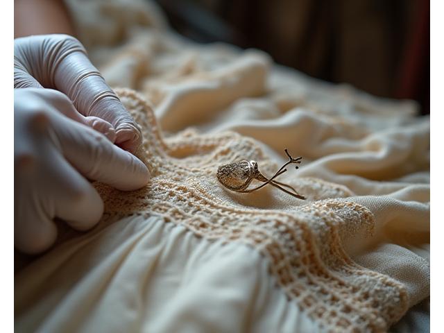 Detalle de una prenda vintage, como un vestido o chaqueta de época, en proceso de restauración delicada, con herramientas de sastrería suavemente desenfocadas en el fondo.