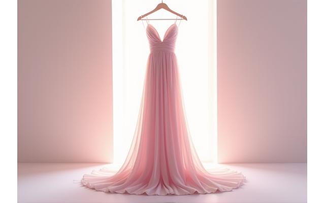Vestido de fiesta largo de seda en un tono pastel suave, colgado con delicadeza, mostrando la tela fluida y los detalles de sus pliegues.
