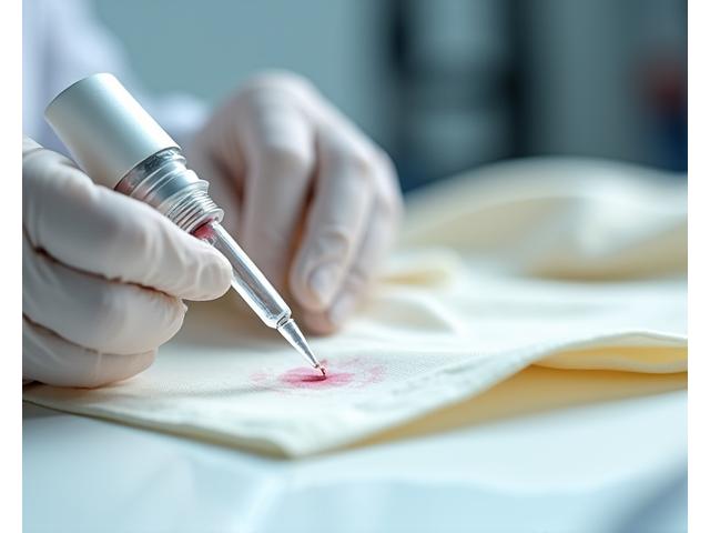 Primer plano de un especialista de Hilos Limpios aplicando un tratamiento específico sobre una mancha en un tejido delicado, con herramientas de precisión.