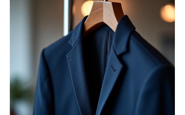 Traje de negocios oscuro impecablemente planchado colgado en una percha delgada, con un fondo suave de tintorería profesional.