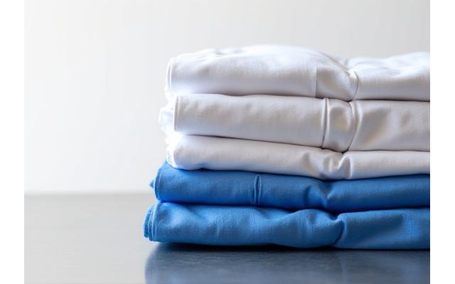 Una pila de uniformes de trabajo blancos y azules, apilados en perfecto orden, sugiriendo limpieza y organización.