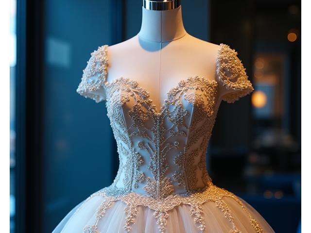Vestido de novia de alta costura con intrincados bordados y pedrería fina, iluminado para resaltar cada detalle en un entorno de cuidado premium.