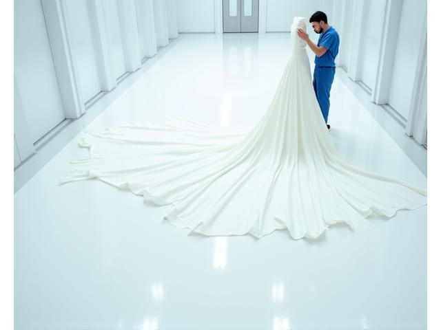 Larga cola de un vestido de novia extendida, siendo cuidadosamente tratada en una superficie limpia, destacando el manejo de grandes volúmenes.