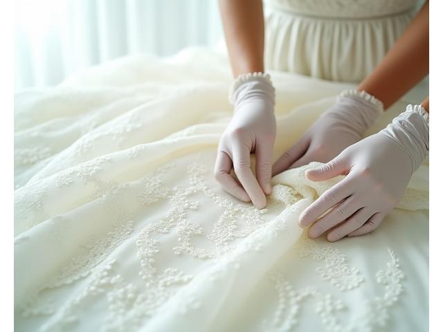 Un delicado encaje de vestido de novia sobre un fondo suave, con manos expertas que lo manipulan suavemente, acentuando la delicadeza del material.