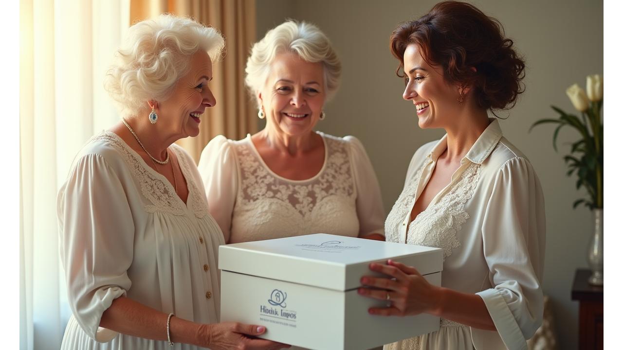 Novia joven sonríe junto a su abuela y madre, ambas sosteniendo cajas de preservación, simbolizando el legado y la emoción de un vestido de novia que pasa de generación en generación.