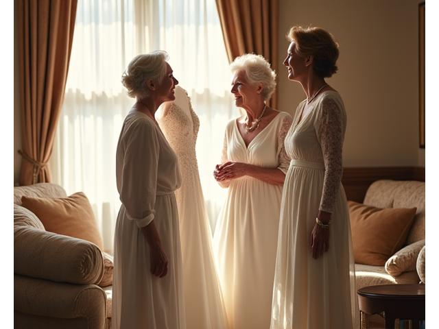 Tres generaciones de mujeres, abuela, madre e hija, riéndose mientras la nieta prueba un vestido de novia vintage, conservado y bellamente restaurado.