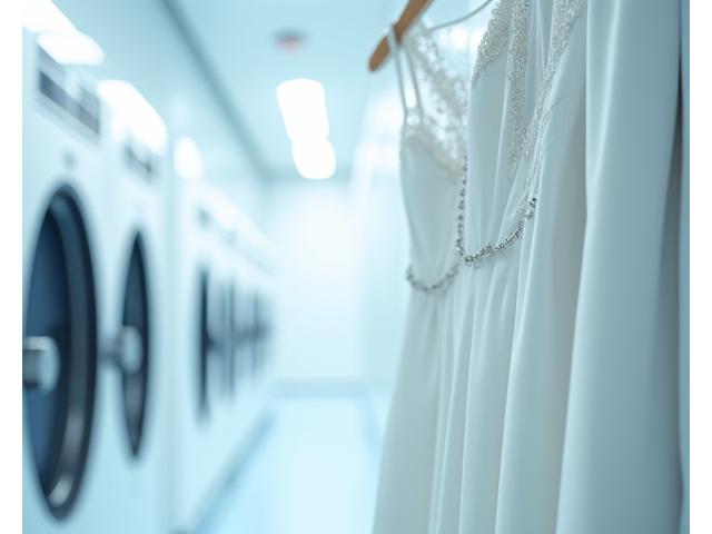 Vestido de novia de corte moderno y líneas limpias, colgado en un ambiente impoluto de tintorería, resaltando la innovación textil.