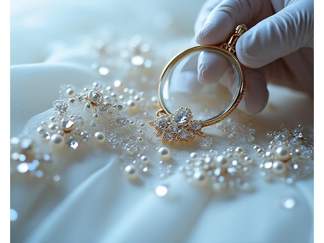 Detalle de un vestido de novia con intrincada pedrería y cristales, siendo inspeccionado cuidadosamente con lupa, mostrando el nivel de detalle en el cuidado.