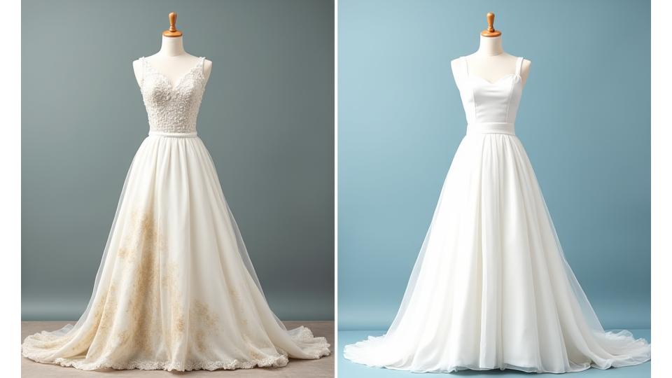 Galería comparativa de un vestido de novia antes (con manchas de hierba) y después (impoluto y restaurado) de la limpieza profesional.