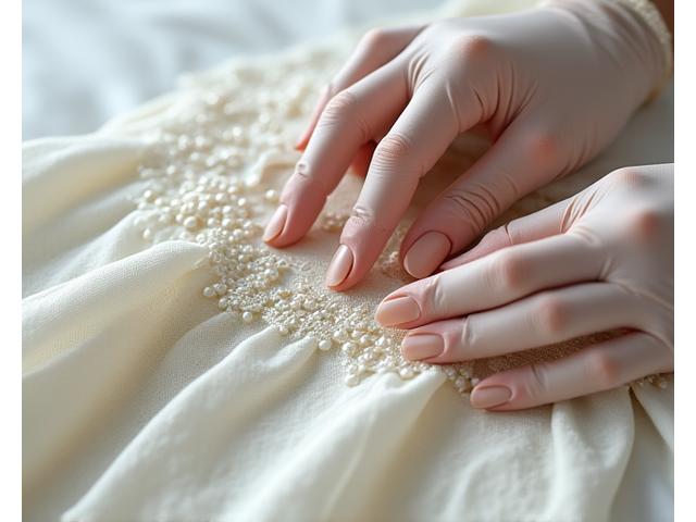 Vestido de novia vintage con encaje y perlas, siendo manipulado con guantes por un experto, mostrando respeto por los tejidos antiguos.