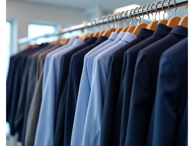 Uniformes de oficina limpios y planchados en perchas