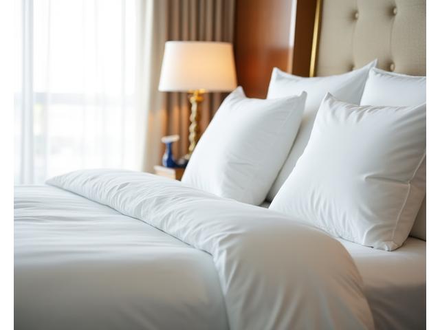 Cama de hotel lujosa con sábanas blancas y almohadas bien puestas, en un entorno de suite