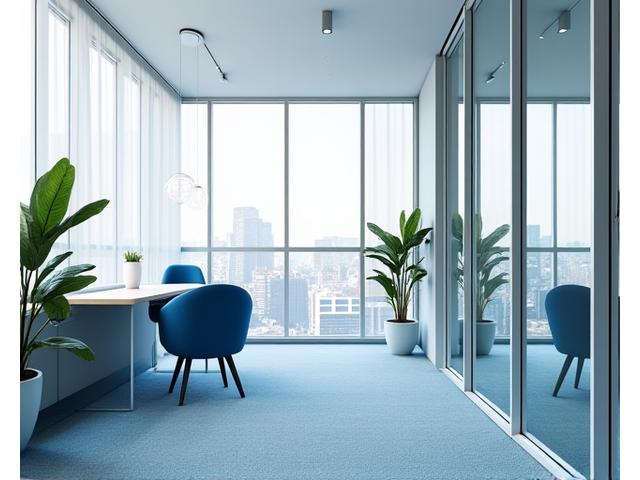 Imagen de una moderna oficina en Madrid, con alfombras y cortinas de oficina limpias en un ambiente de trabajo impoluto. Se ven estaciones de trabajo ergonómicas y una sala de reuniones con una mesa pulcra, representando un espacio de trabajo eficiente y profesional que ha sido tratado por Hilos Limpios.